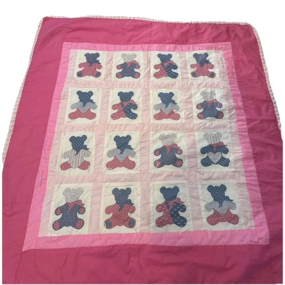 VTG Pink Teddy Bear Patchwork Quilt Throw Coverlet Baby Quilt Handmade 42” X 45”